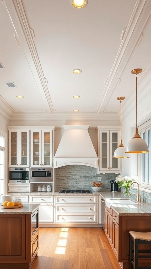 A kitchen featuring elegant crown molding with white cabinetry and wooden accents.