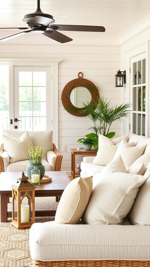 Coastal farmhouse living room with natural textures and outdoor-inspired accessories