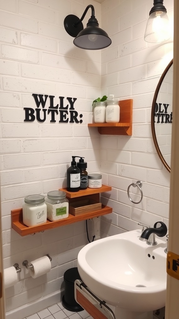 Industrial bathroom with mason jar storage solutions on wooden shelves.