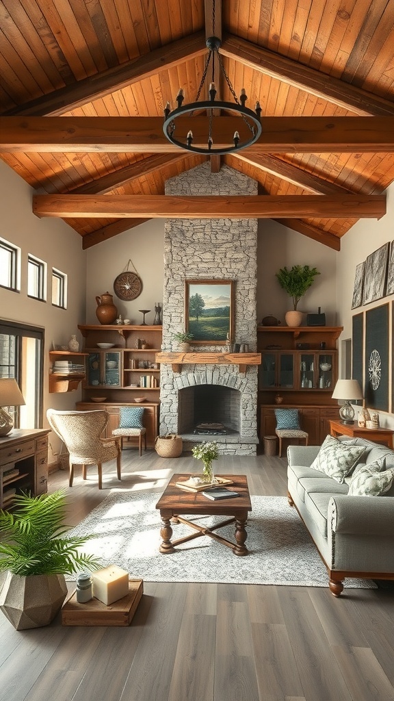 Stylish rustic kitchen and living room combo featuring wood beams, stone accents, and cozy decor.