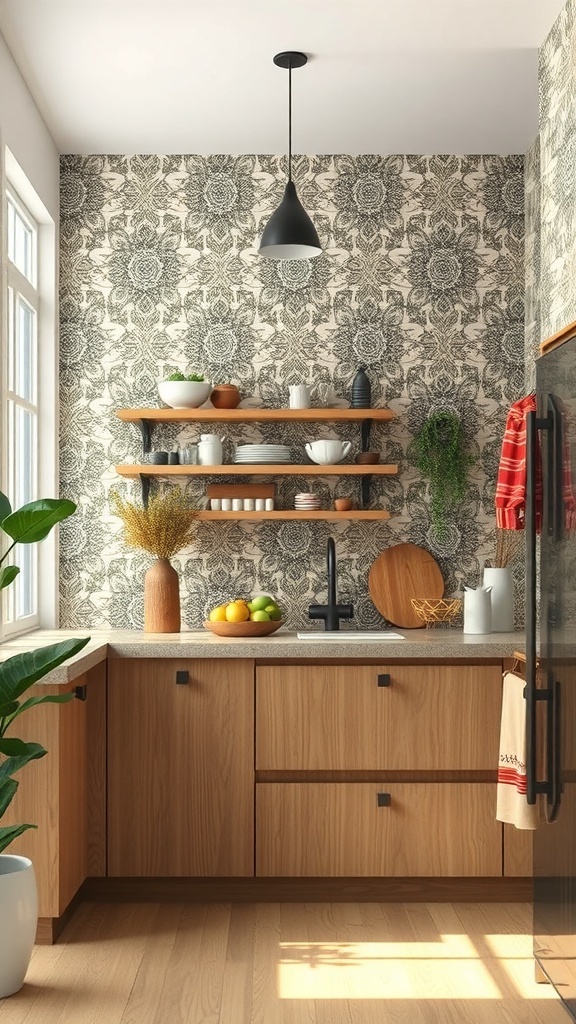 A cozy boho kitchen featuring bold floral wallpaper, wooden cabinets, and stylish decor.