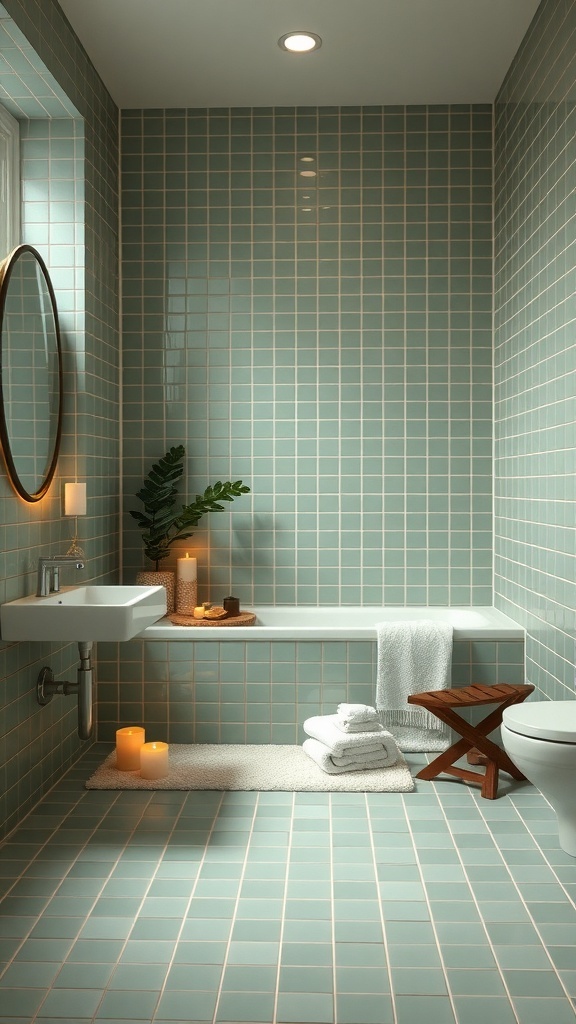 A bathroom featuring sage green tiles, a round mirror, candles, and a plant, creating a spa-like atmosphere.