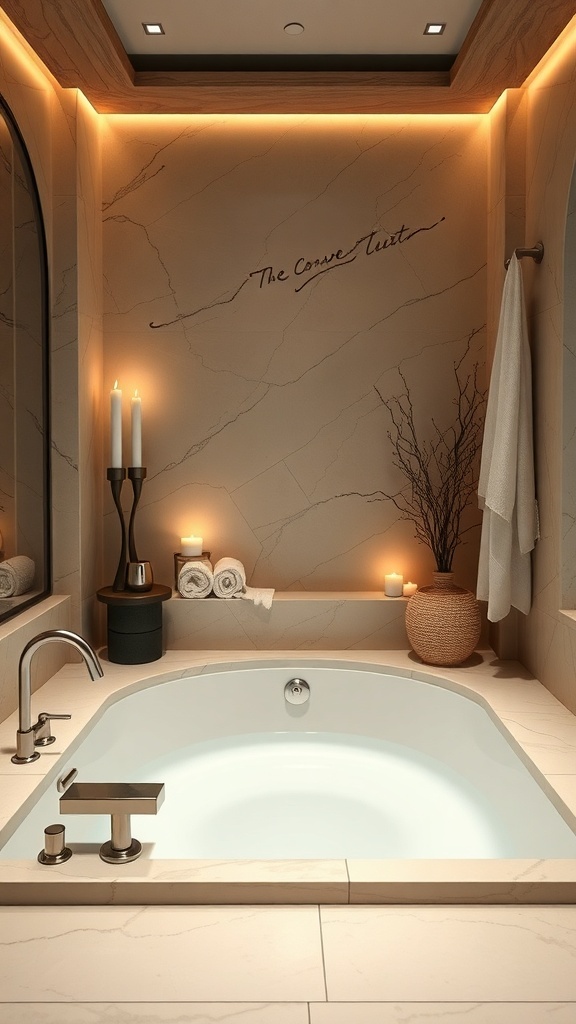 A serene bathroom with a luxurious bathtub, soft lighting, candles, and neatly arranged towels.