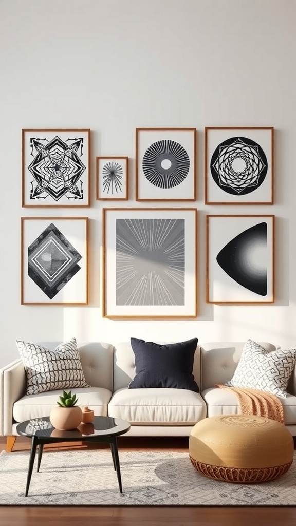 Gallery wall with geometric art pieces in black and white, featuring various shapes and designs.