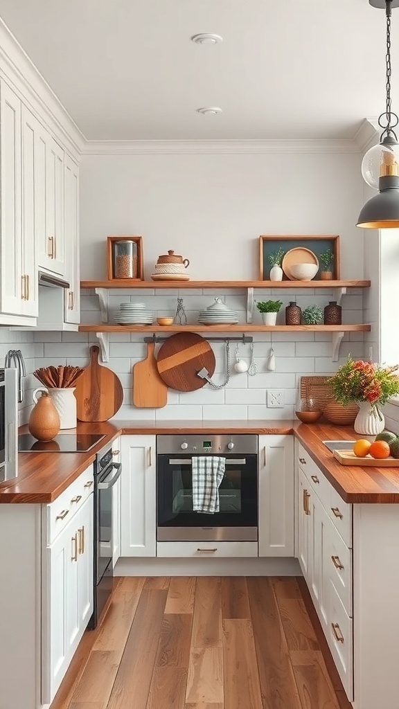 A cozy kitchen featuring wooden countertops, open shelving, and rustic decor elements.