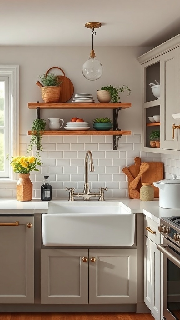 A stylish kitchen featuring a unique farmhouse sink, wooden shelves, and decorative accents.