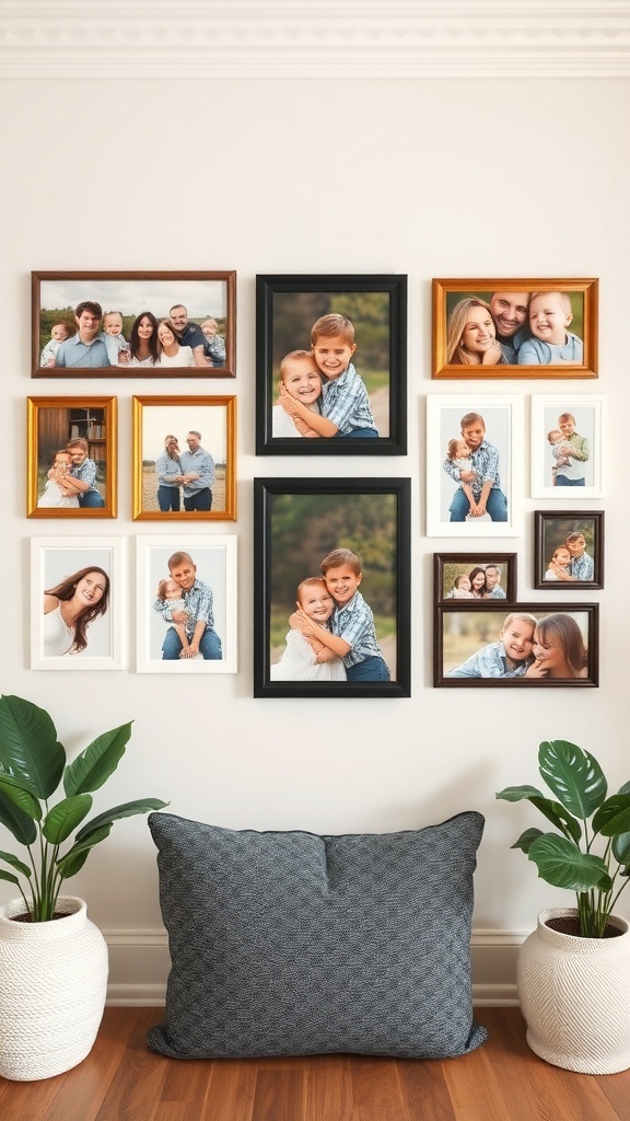 Gallery wall featuring family photos in various frames, with a cozy seating area below.