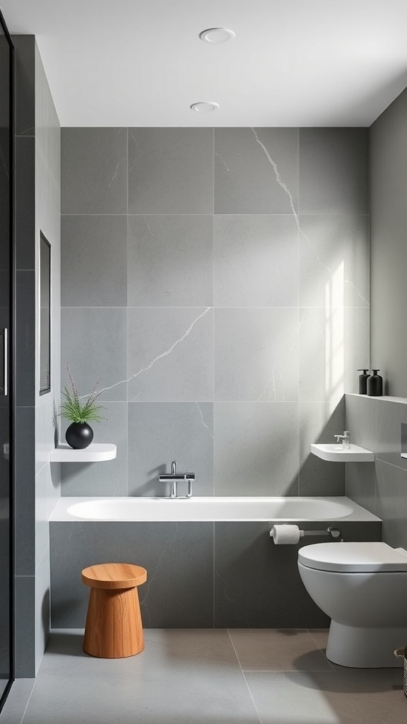 Modern bathroom with muted gray tiles, a wooden stool, and natural light.