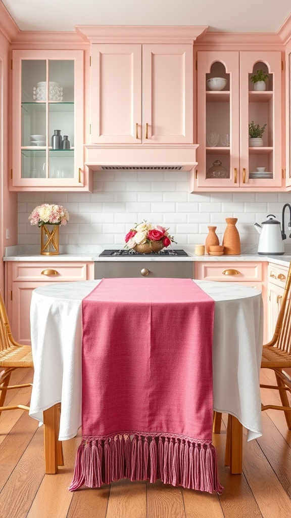 A charming pink table runner on a dining table in a pink kitchen, enhancing the cozy decor.