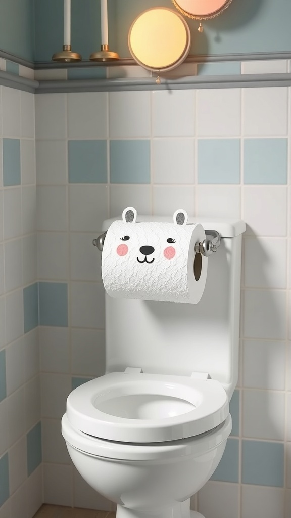Whimsical bear-themed toilet paper holder in a bathroom