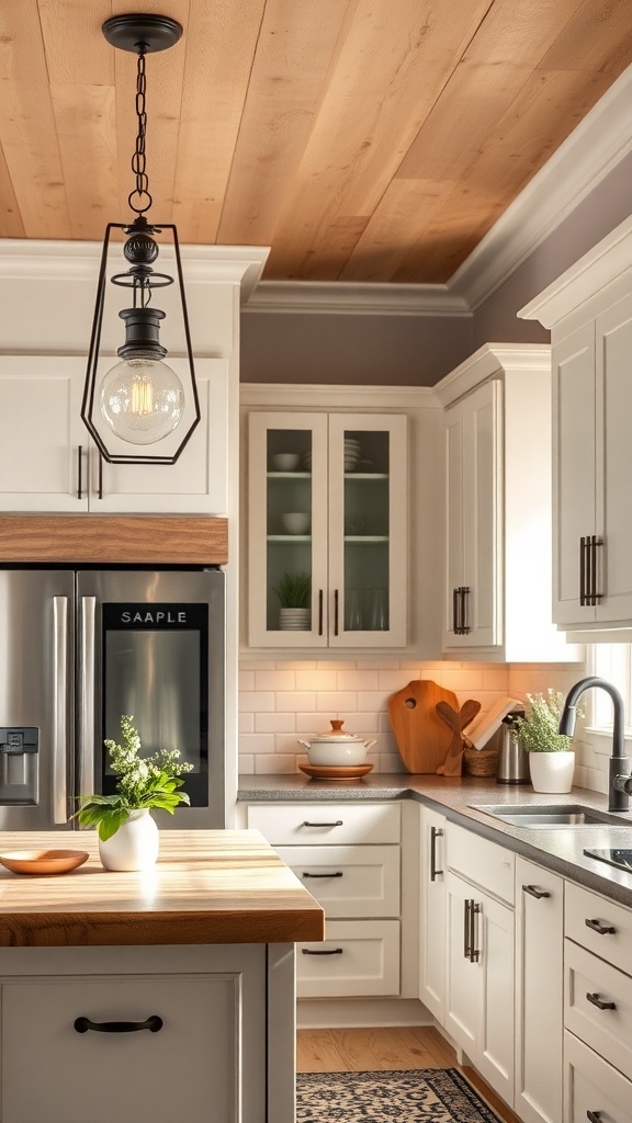 A modern farmhouse kitchen featuring vintage lighting fixtures and sleek cabinets.