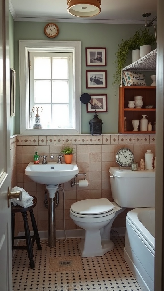 A vintage-inspired bathroom with framed photos, a retro clock, and potted plants.