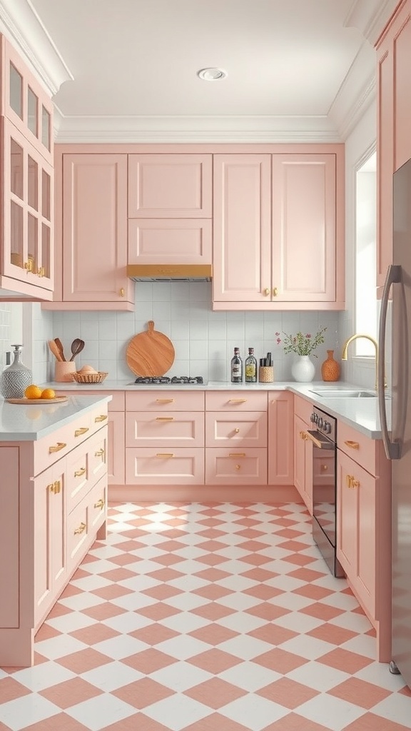 A charming pink kitchen featuring a pink and white checkerboard floor, pink cabinets, and modern appliances.