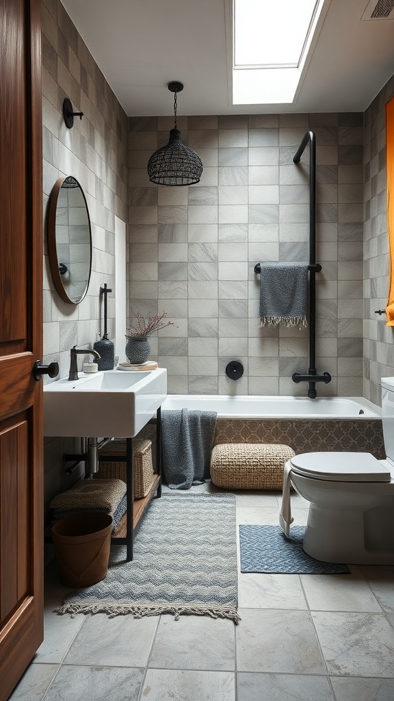 A stylish industrial bathroom featuring layered textiles, including rugs and towels, with a modern sink and bathtub.