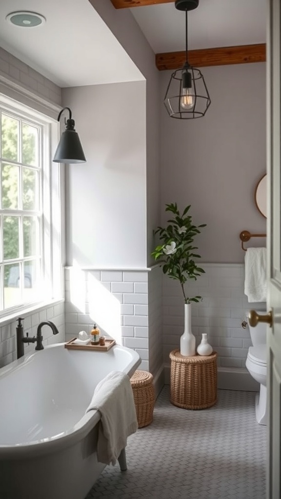 Modern farmhouse bathroom with mood lighting and natural light from a window.