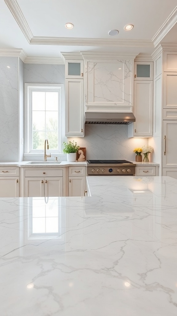 A kitchen featuring elegant marble countertops and white cabinetry.