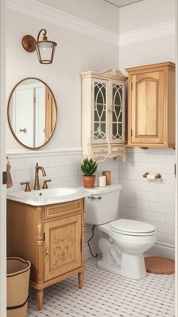 A vintage bathroom featuring wooden cabinets, a stylish vanity, and decorative storage solutions.