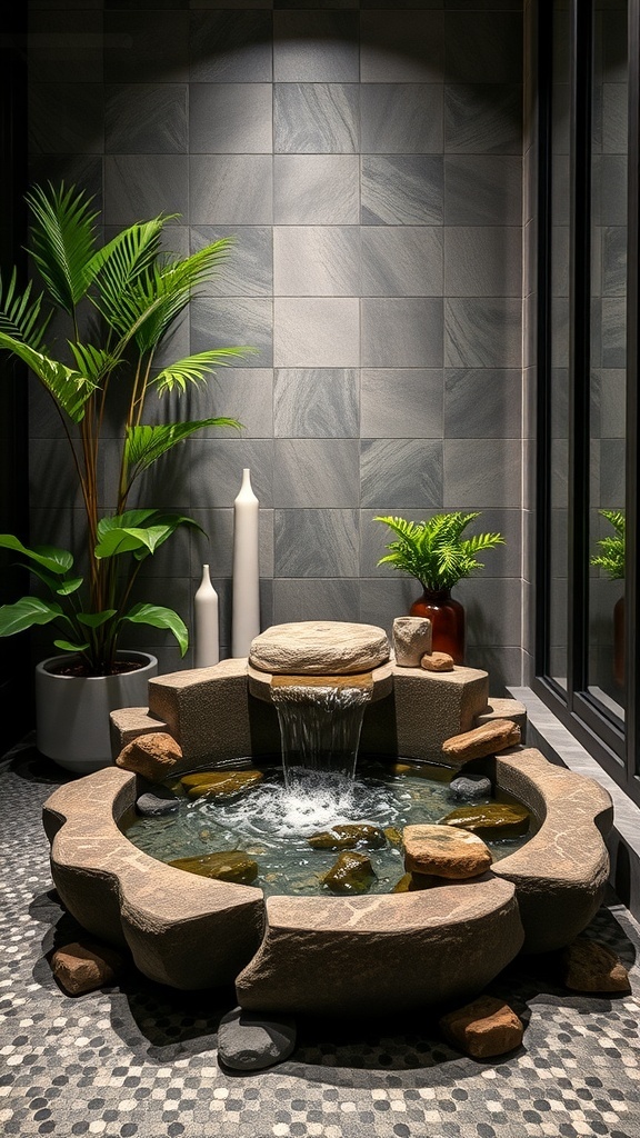A serene bathroom with a stone water feature, plants, and soft lighting.