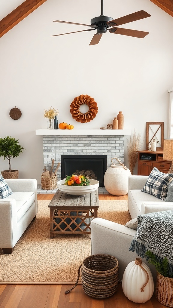 A cozy farmhouse living room with a fireplace, decorated for fall with pumpkins and a wreath.