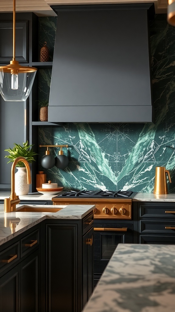 Kitchen featuring a dark green marble backsplash with black cabinets and gold accents.