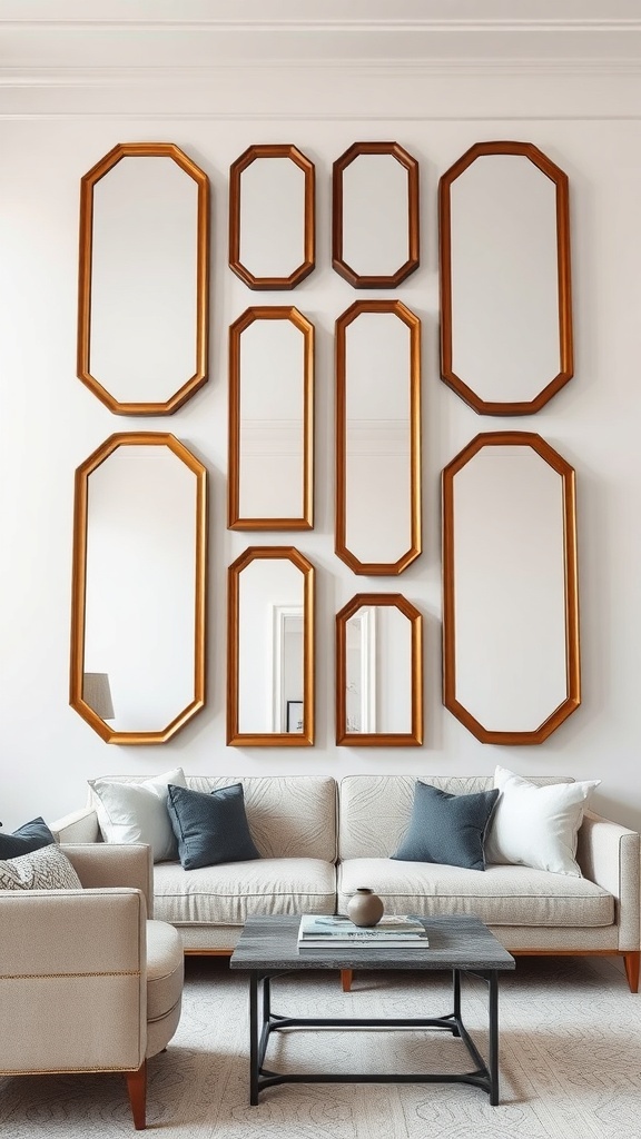 A collection of asymmetrical mirrors in various shapes and sizes arranged on a wall above a light-colored sofa.