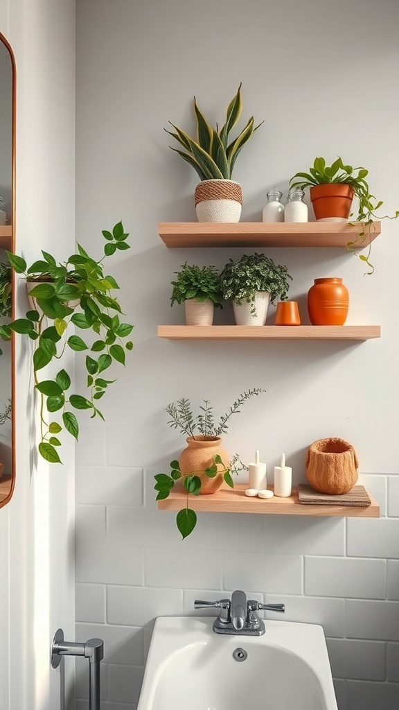 Charming bathroom shelves with plants and decorative items