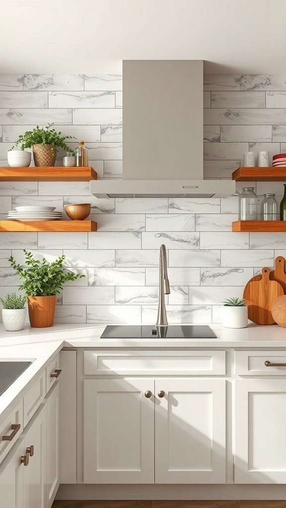 Rustic farmhouse kitchen with shiplap backsplash and white cabinets