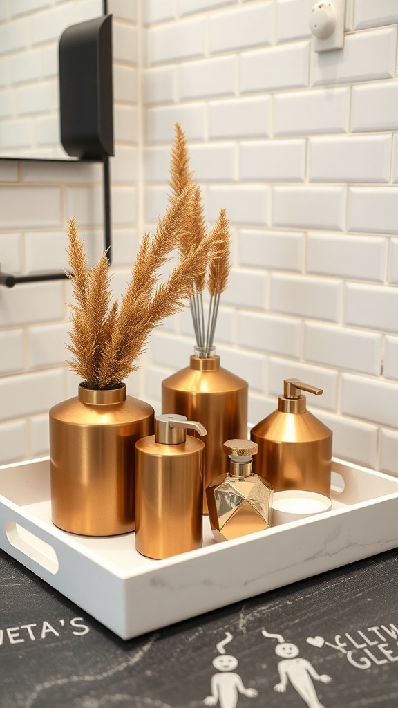 An industrial-style bathroom tray with gold containers and pampas grass.