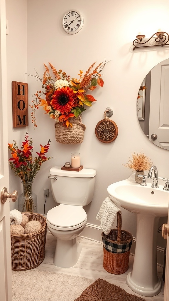 Cozy bathroom decorated for fall with flowers, baskets, and warm colors.