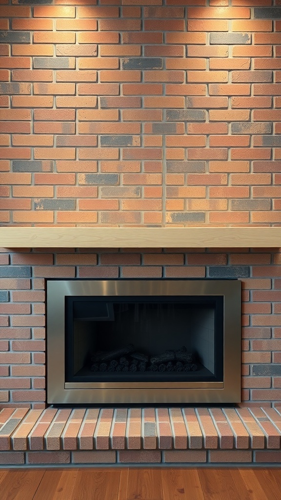 A modern brick fireplace with a glass front insert, showcasing a clean and stylish design.