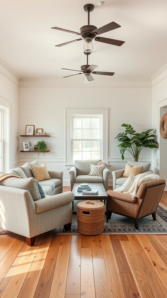 A cozy farmhouse family room with comfortable seating arrangements, featuring light-colored armchairs and a central coffee table.
