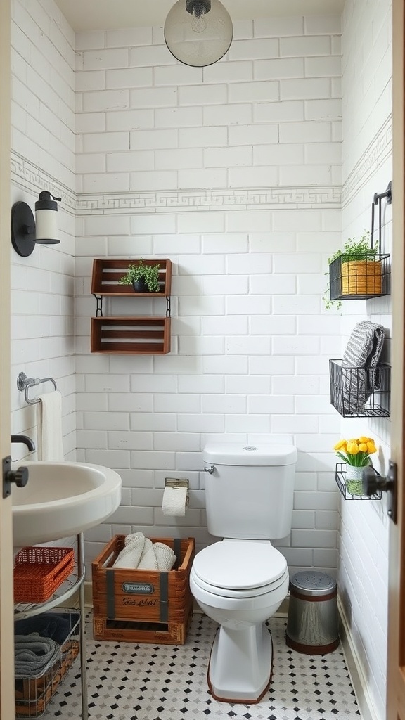 A cozy industrial-style bathroom featuring white brick walls, wooden shelving, and metal baskets.
