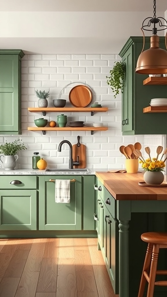 A modern farmhouse kitchen featuring olive green cabinets, wooden countertops, and open shelving.