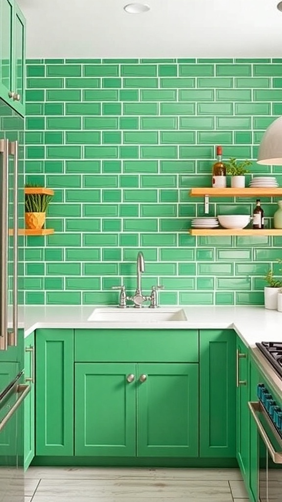 Bright green enamel backsplash in a modern kitchen with matching cabinets and open shelves.