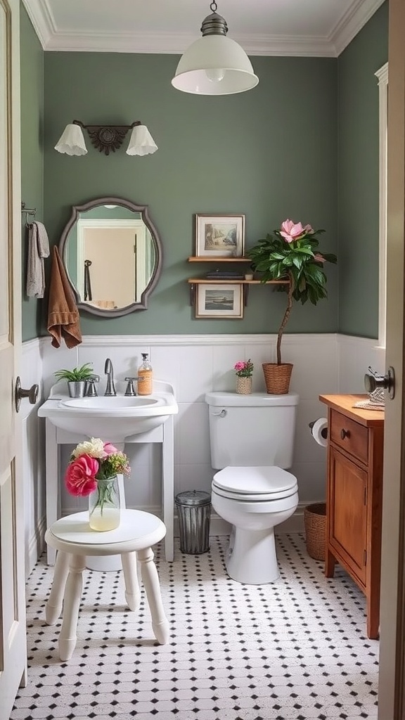 A stylish bathroom featuring a green wall, white sink, wooden cabinet, and a small white stool with flowers.