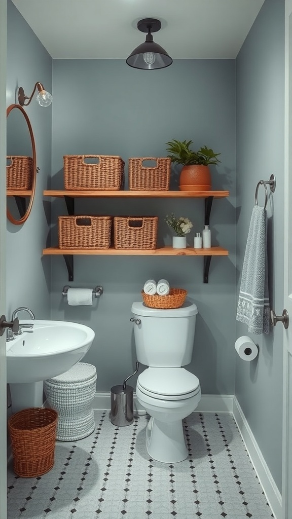 Stylish bathroom with open shelves, woven baskets, and a soothing color palette.