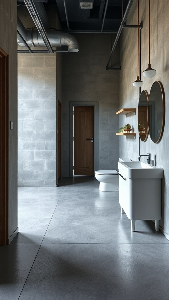 A modern industrial bathroom with concrete flooring, featuring a white sink, wooden accents, and a minimalist design.