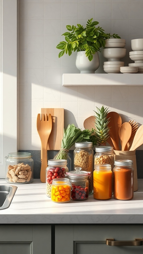 A stylish kitchen countertop featuring decorative jars filled with various ingredients, complemented by wooden utensils and a plant.