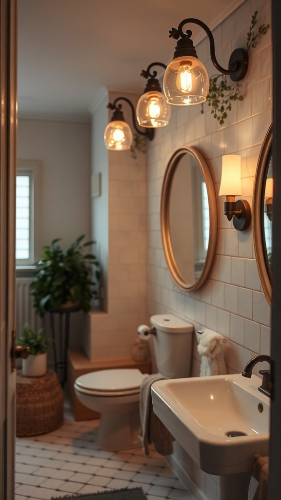 A cozy bathroom with warm lighting fixtures, mirrors, and plants.