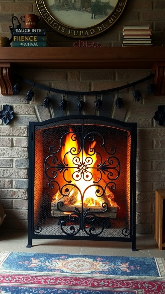 A decorative fireplace screen in front of a lit fireplace, enhancing safety and style.