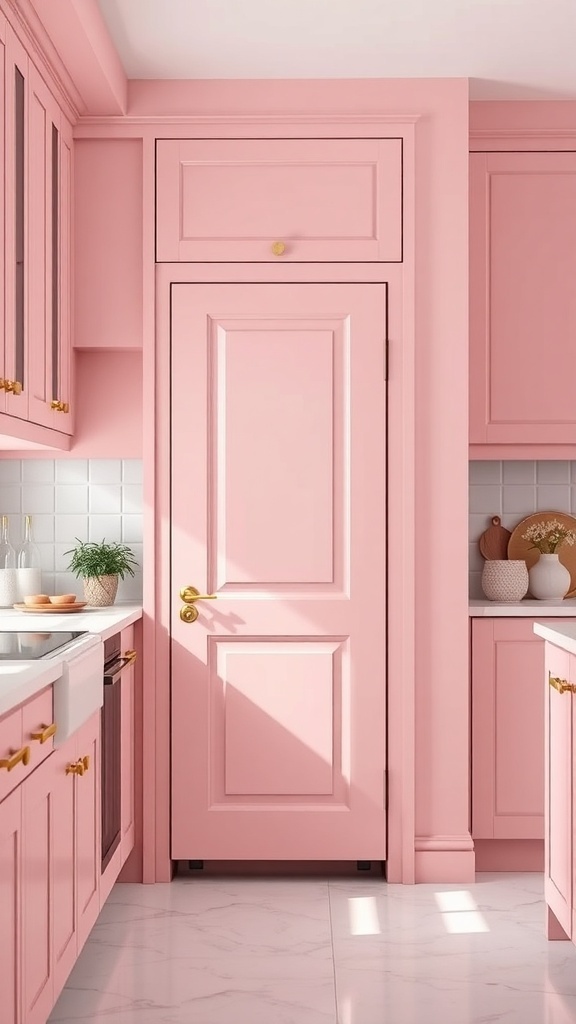 A charming pink pantry door in a modern kitchen with pink cabinets and a golden doorknob.