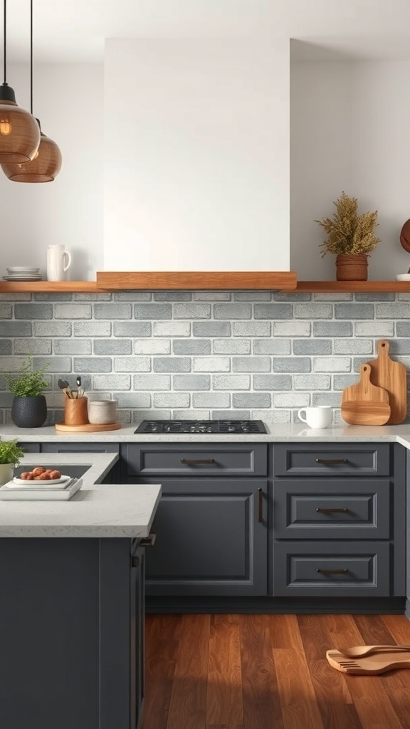 A modern kitchen featuring a subtle gray brick backsplash, dark cabinets, and wooden accents.