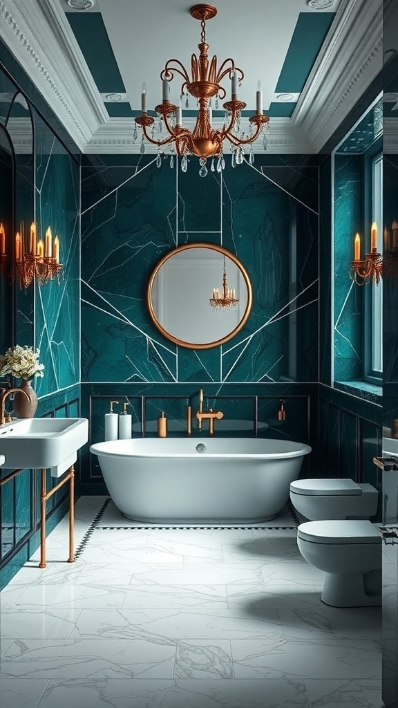 Luxurious bathroom with teal walls, chandelier, and freestanding bathtub