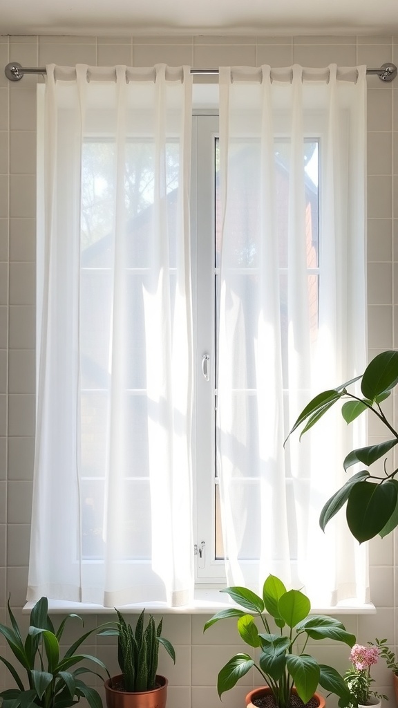 A bathroom window with sheer curtains allowing soft light to enter, surrounded by green plants.