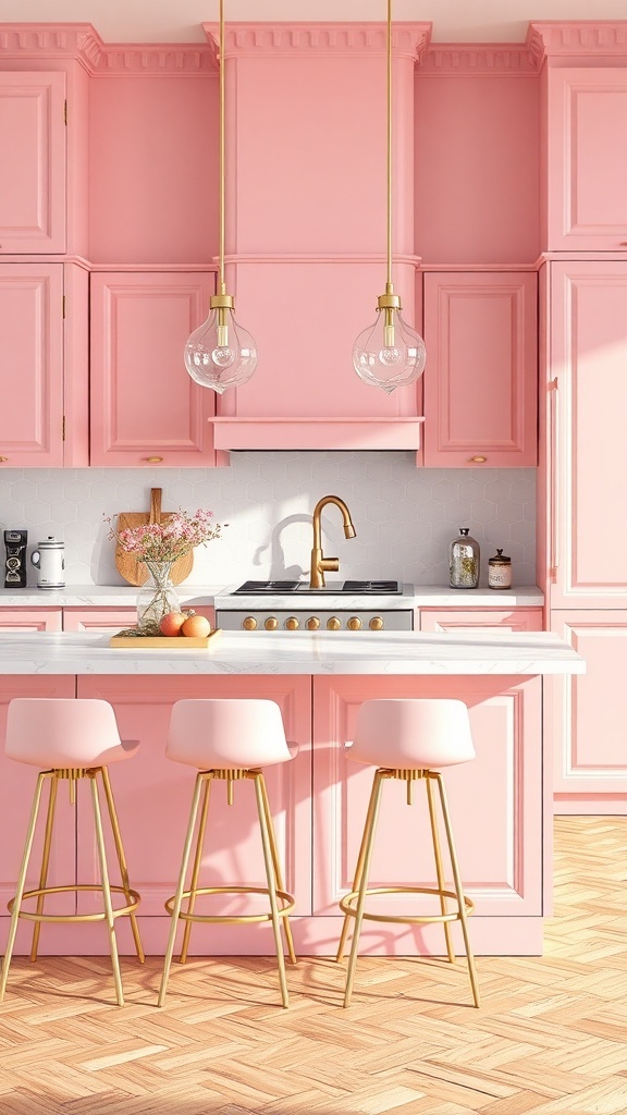A cozy pink kitchen with a stylish island and stools, featuring pink cabinets and modern decor.