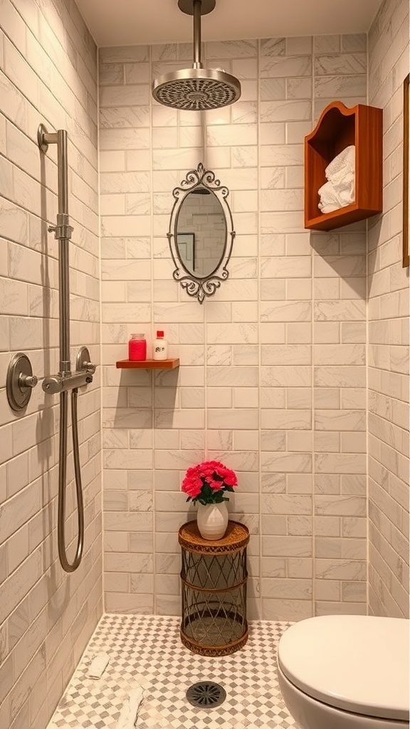 Stylish shower nook with white tiles, modern showerhead, and decorative elements.