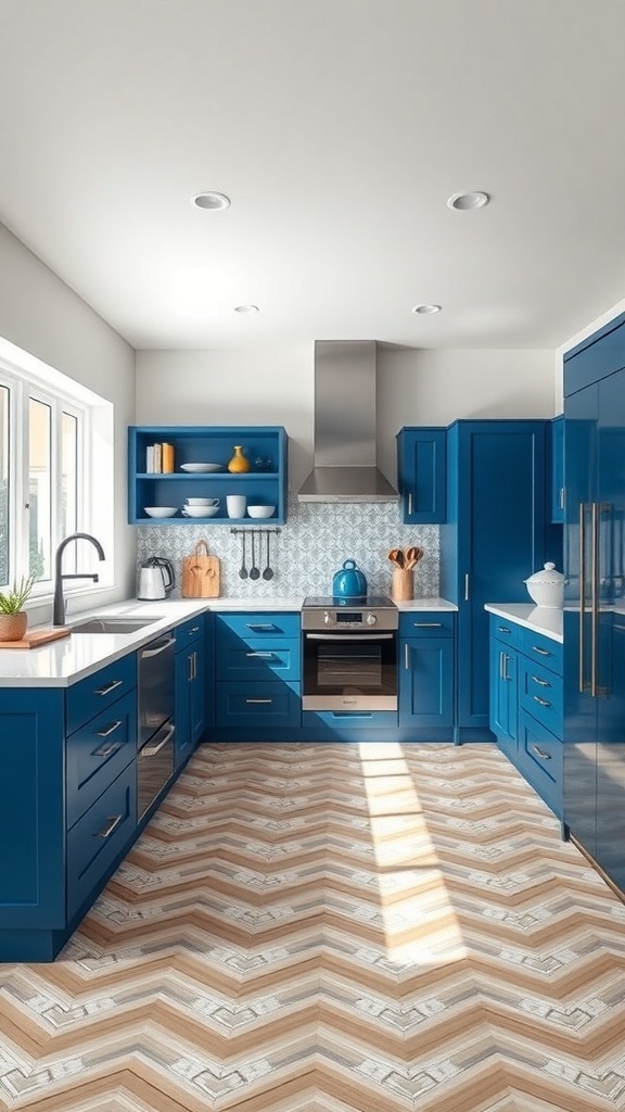 Modern kitchen featuring bold navy blue cabinets with geometric patterned flooring.