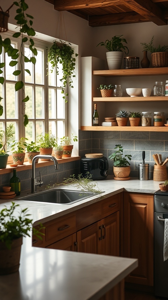A cozy boho kitchen with indoor plants and herbs on display, featuring wooden shelves and natural materials.