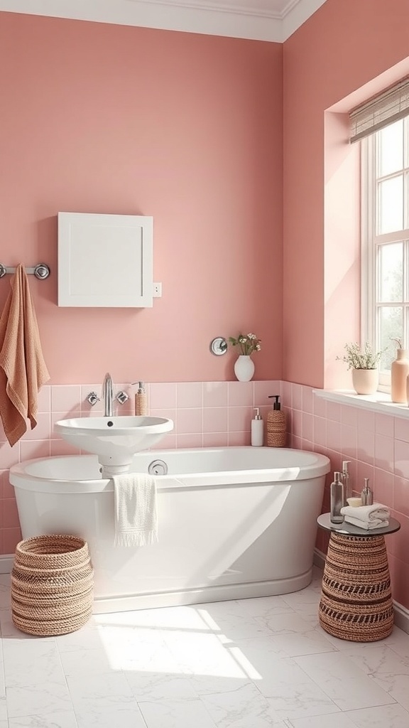 A stylish bathroom with pink walls, a white bathtub, and coordinated accessories.