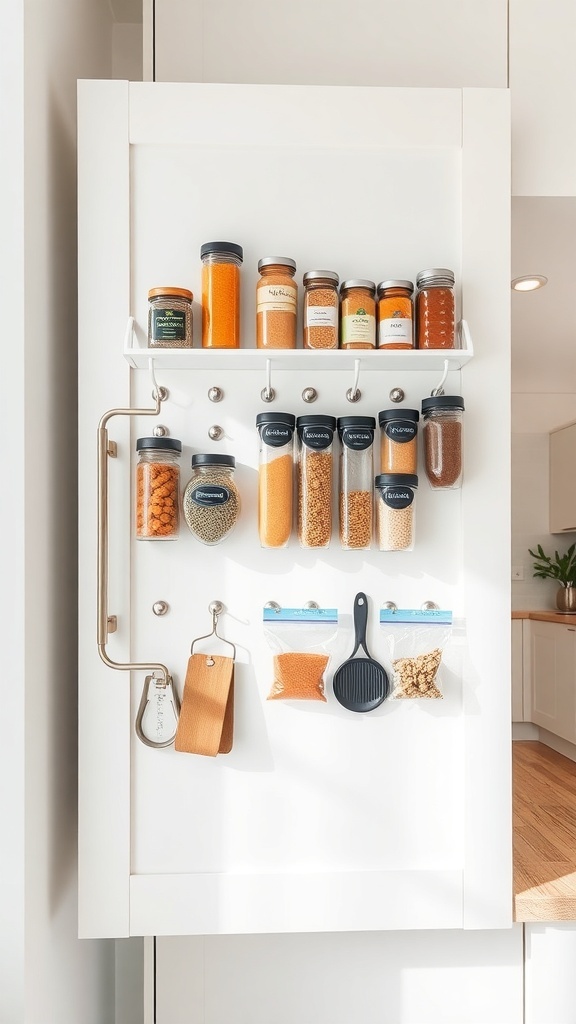 Interior of a small kitchen cabinet door with organized spice jars and storage bags.